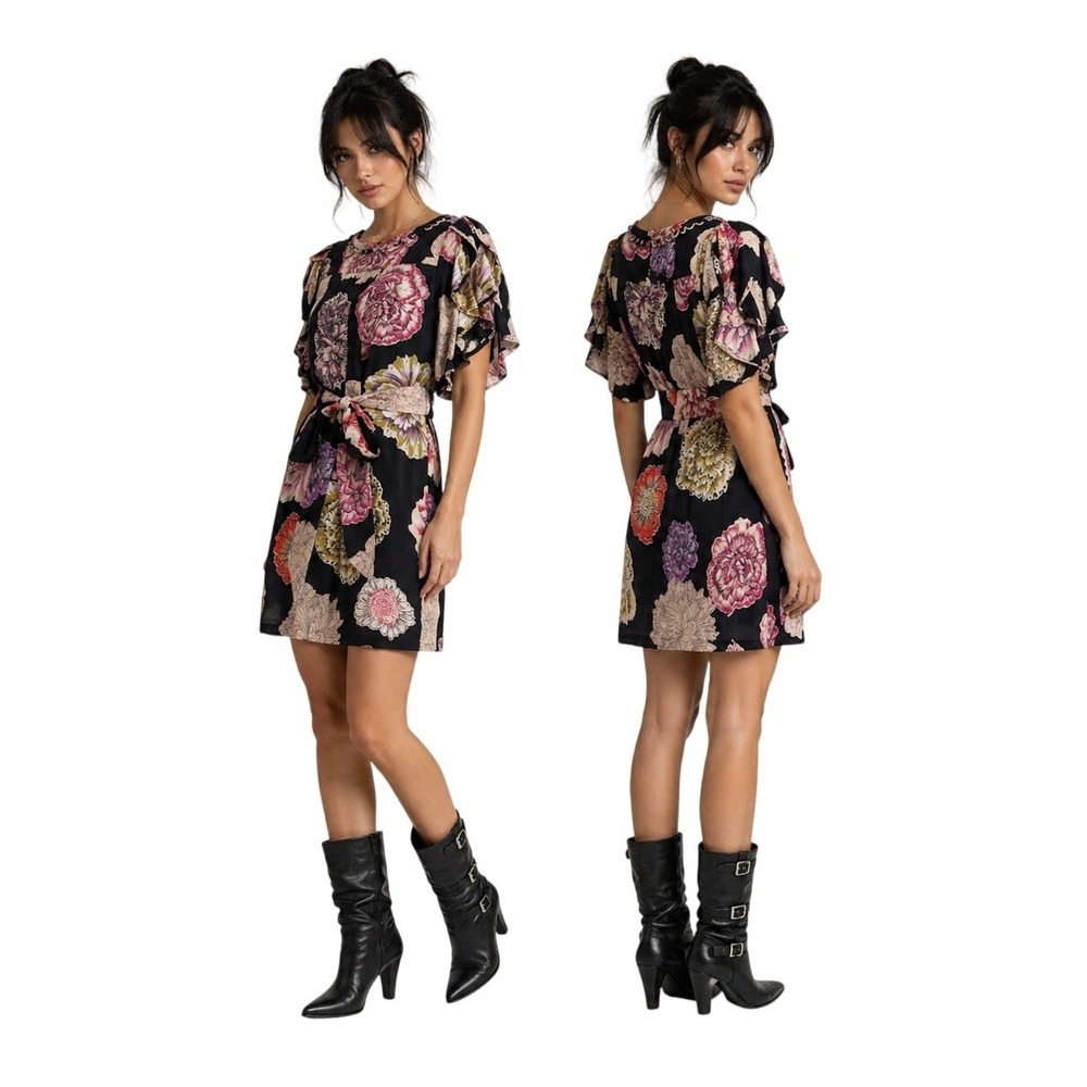 Anthropologie Leifsdottir Floral Mini Dress 4 Black Silk Puff Sleeve Boho Luxe